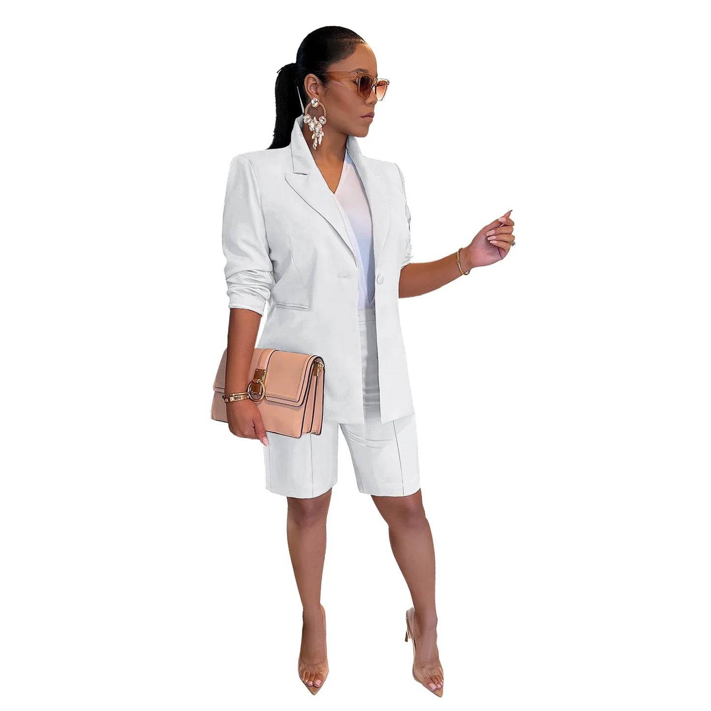 Office Lady Elegant Business Suits Solid Casual Two Piece Set For Women Matching Sets Outfits Long Sleeve Blazer Coat And Shorts