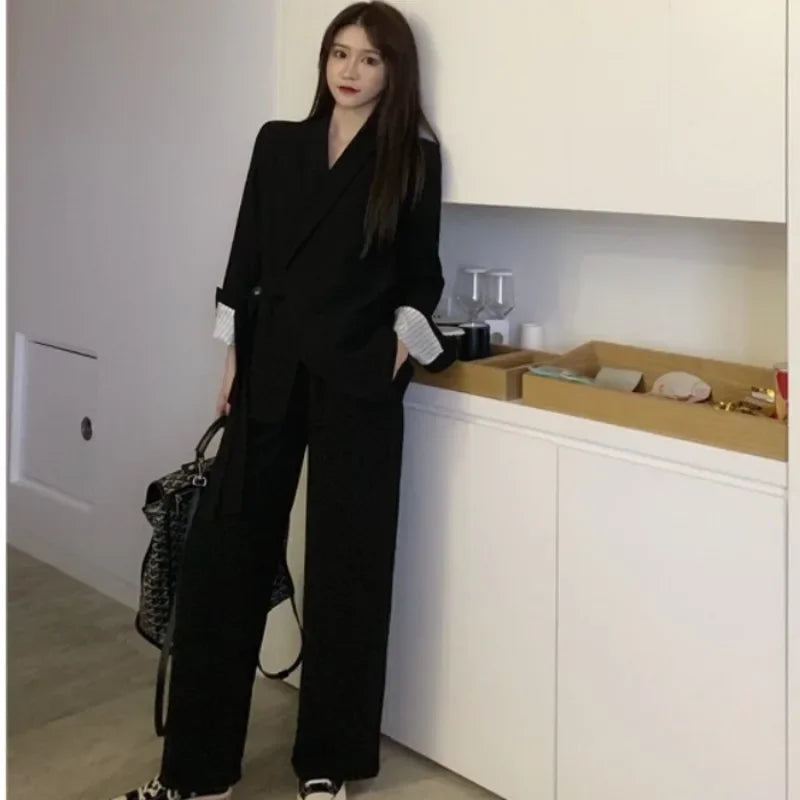 Insozkdg Vintage Two Piece Sets Lapel Loose Lace-up Blazers Tops + Wide Leg Pants Set 2024 Autumn Female Outfits Suit Set Women
