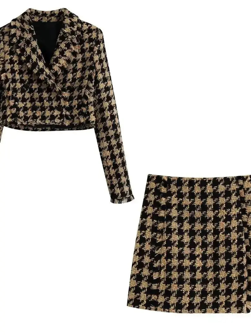 XEASY 2021 Tweed Women Two-piece Set Houndstooth Vintage Office Lady Short Blazer Female Casual Slim High Waist Skirt Suit