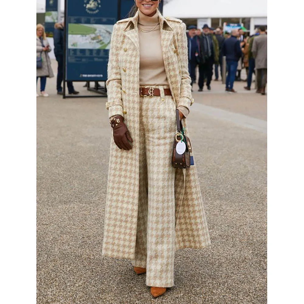 Classic Houndstooth Women Suits 2 Piece Jacket Pant Outfits High Quality Double Breasted Notch Lapel Female Clothing Costume