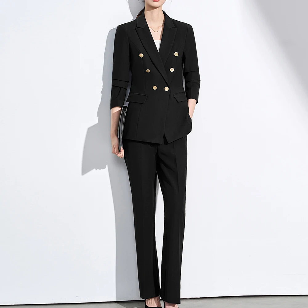 ZJYT Elegant Business Chic Blazer Suit Trousers 2 Piece Sets Woman 2025 Fall Double Breasted Jacket and Pants Sets White Outfits