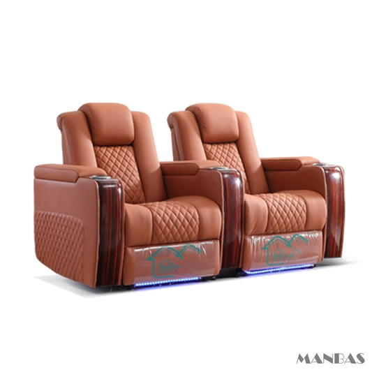 Luxury Dual Motors Electric Reclining Home Theater Seating – Adjustable Genuine Leather Recliner Chairs with Cup Holder, Massage