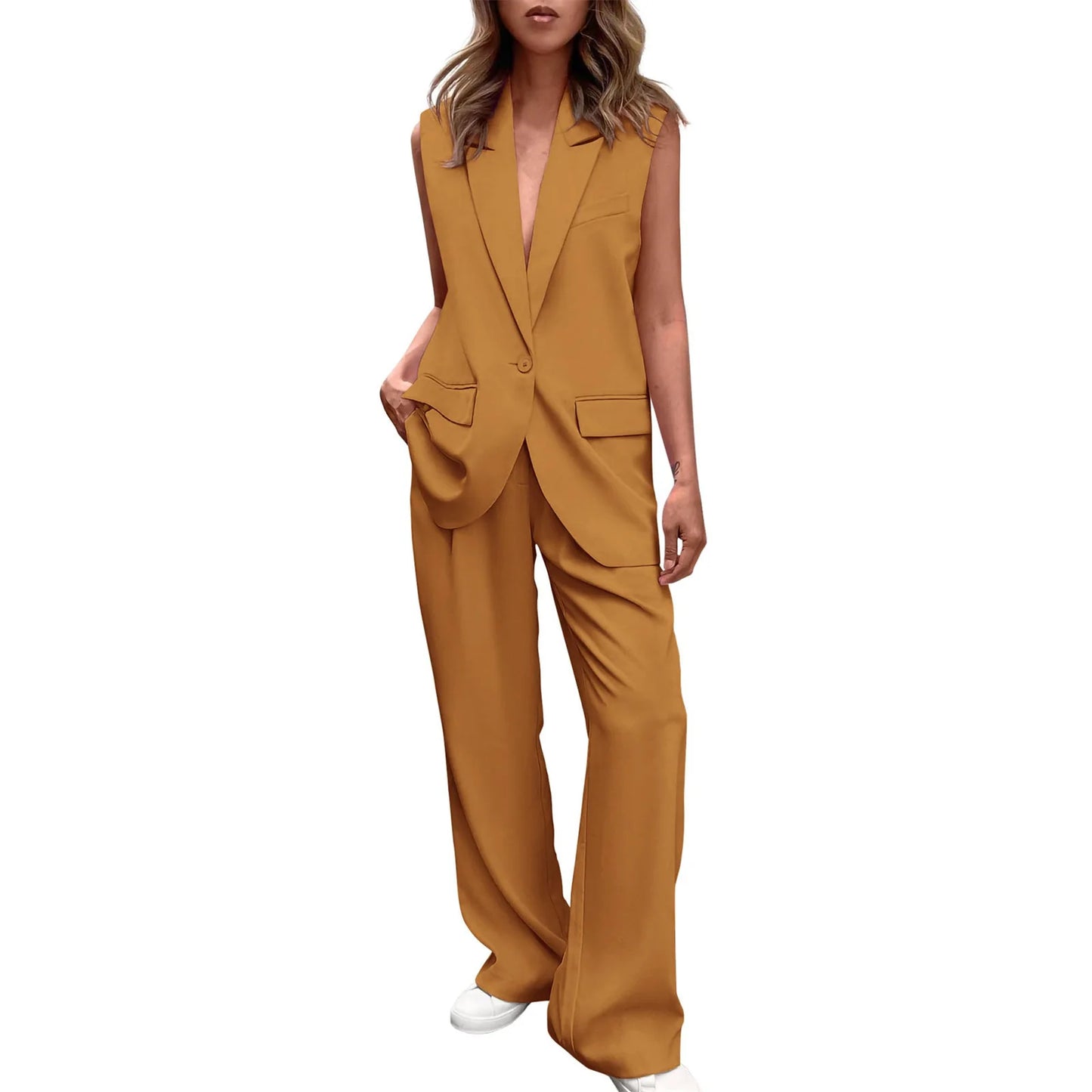 Elegant Women Suits 2pcs Set Vest Pants Sets Summer V-Neck Sleeveless Vest Tops + Wide Leg Pants Outfits for Female 2025 New