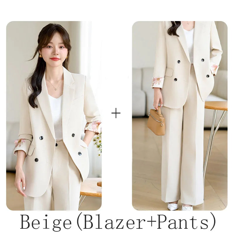 Fashion Elegant Solid Women Blazer Pantsuit Casual Vintage Chic Suit Jackets Wide Leg Pants 2 Pieces Set Female Outfits