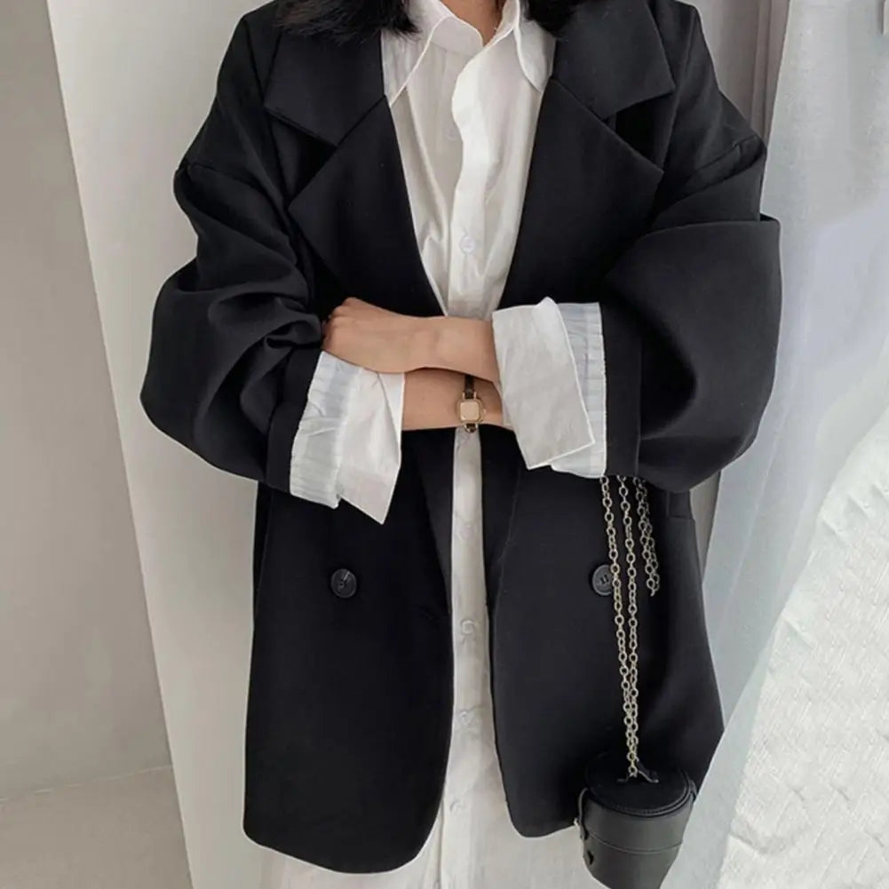 Notched Collar Business Suit Coat Korean Long Sleeves Pockets Double breasted Oversized Women Jackets Suit Coat