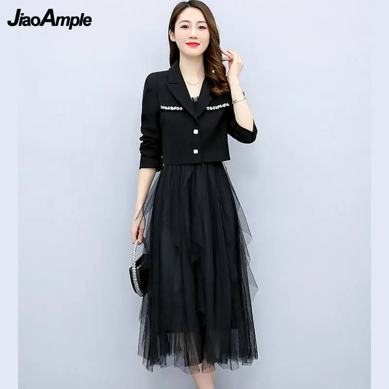 2025 Spring Autumn New Diamond-studded Short Suit Coat Dress Two-piece Women's Elegant Blazers Slim Suspender Mesh Skirt Set