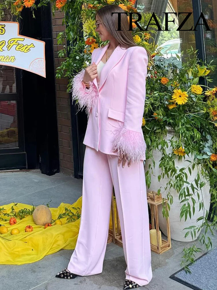 TRAFZA Women Fashion Pink Sets Turn-Down Collar Long Sleeves Single-Breasted Feather Blazer+High Waist Pocket Zipper Long Pants