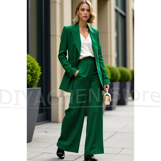Green Peak Lapel Women Suits Single Breasted Solid Color Wear Fashion Formal Casual Office Lady 2 Pieces Pants Sets 2025