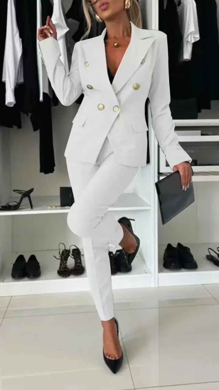 Office 2 Piece Sets Woman Spring Fall Fashion V-neck Long Sleeve Blazer Coat Elegant Trousers Set Slim Temperament Suit Outfit