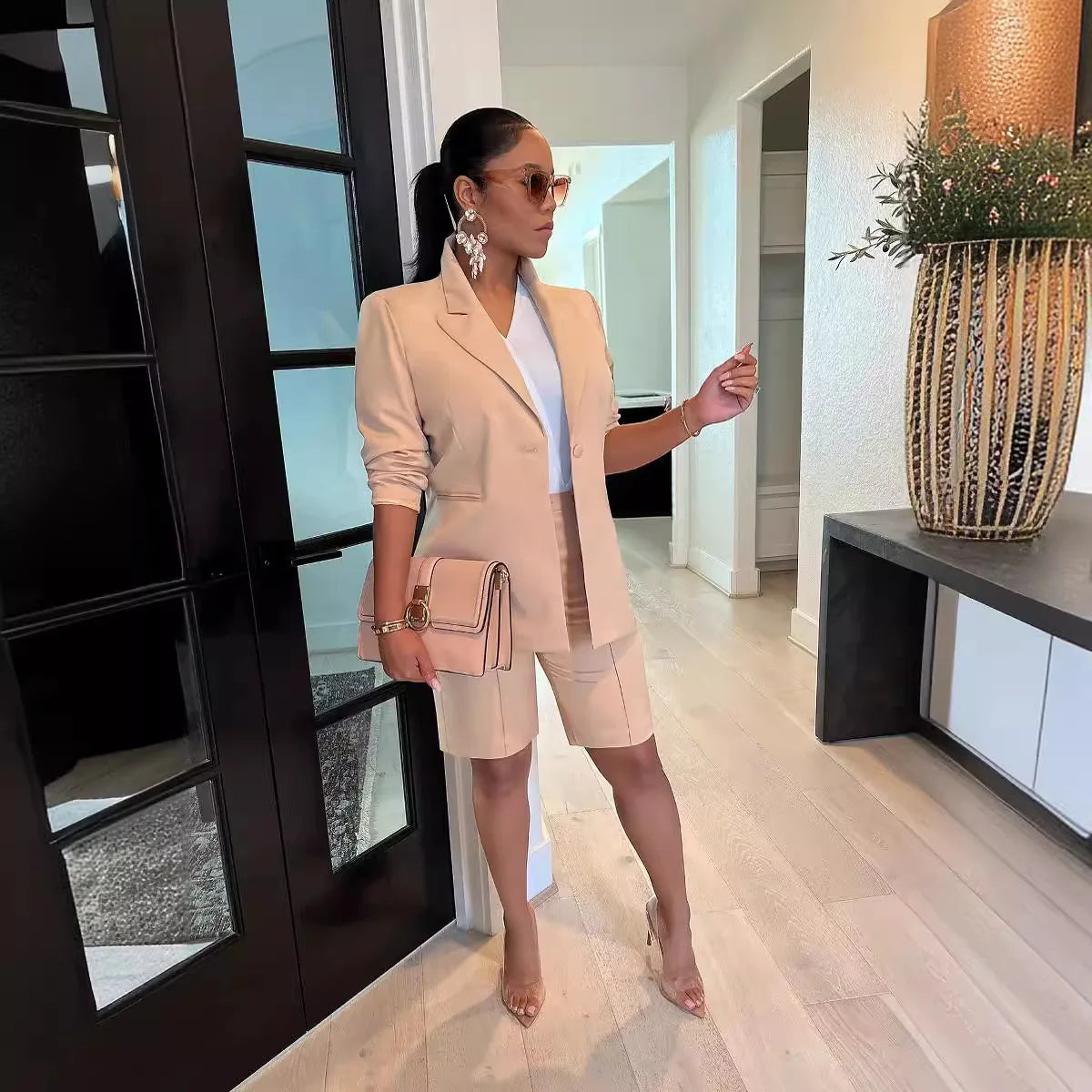 Office Lady Elegant Business Suits Solid Casual Two Piece Set For Women Matching Sets Outfits Long Sleeve Blazer Coat And Shorts