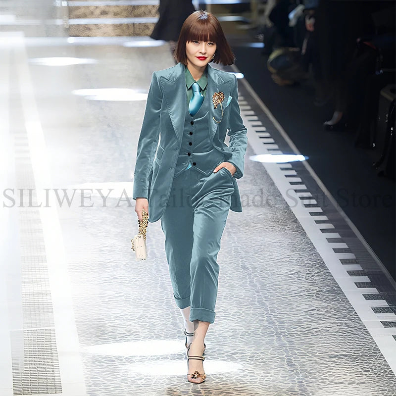 Luxury Green Velvet Winter Clothes for Women 3 Pieces Jacket Pants Vest Female Suits Formal Office Banquet Lady's Blazers Sets