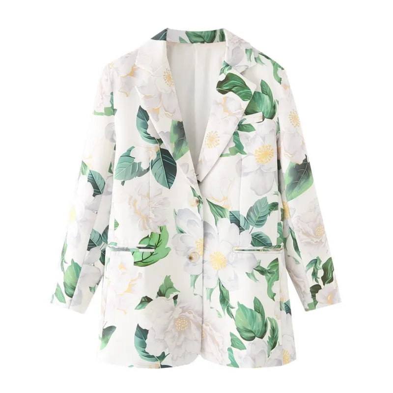 2025 Autumn Women Long Sleeve Mid-Length Flower Print Stylish Lightweight Outerwear Casual Leisure Outfits Business Suit Jackets