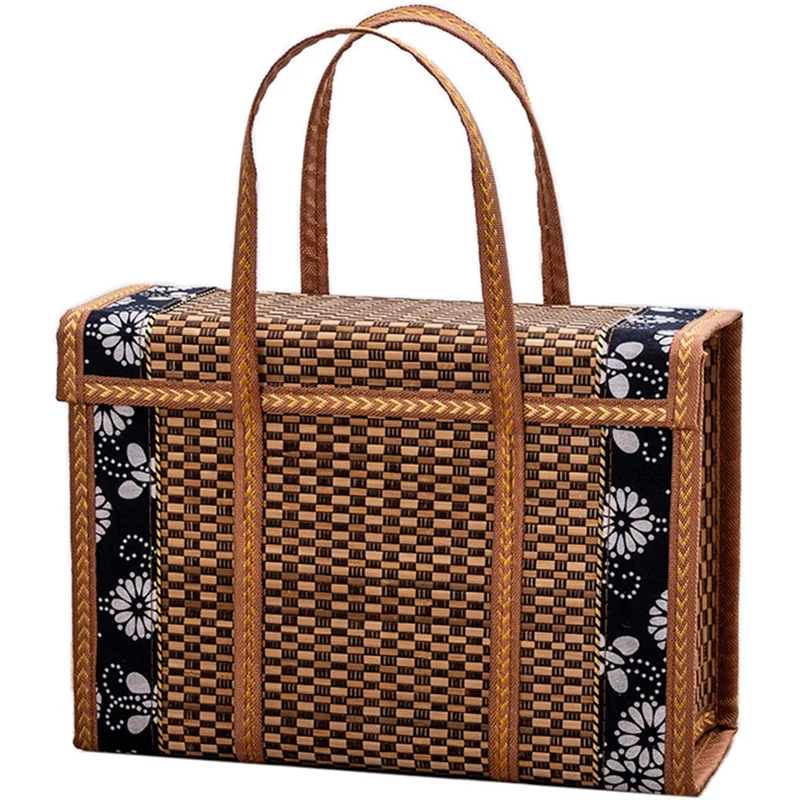 NOCM Picnic Woven Basket Wicker Storage Bag Handle Folded Fruit Shopping Food Handle Rattan Grass Foldable Bamboo Basket