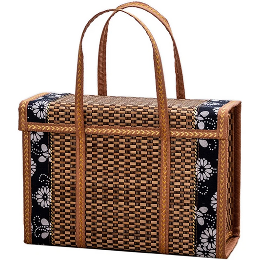 NOCM Picnic Woven Basket Wicker Storage Bag Handle Folded Fruit Shopping Food Handle Rattan Grass Foldable Bamboo Basket