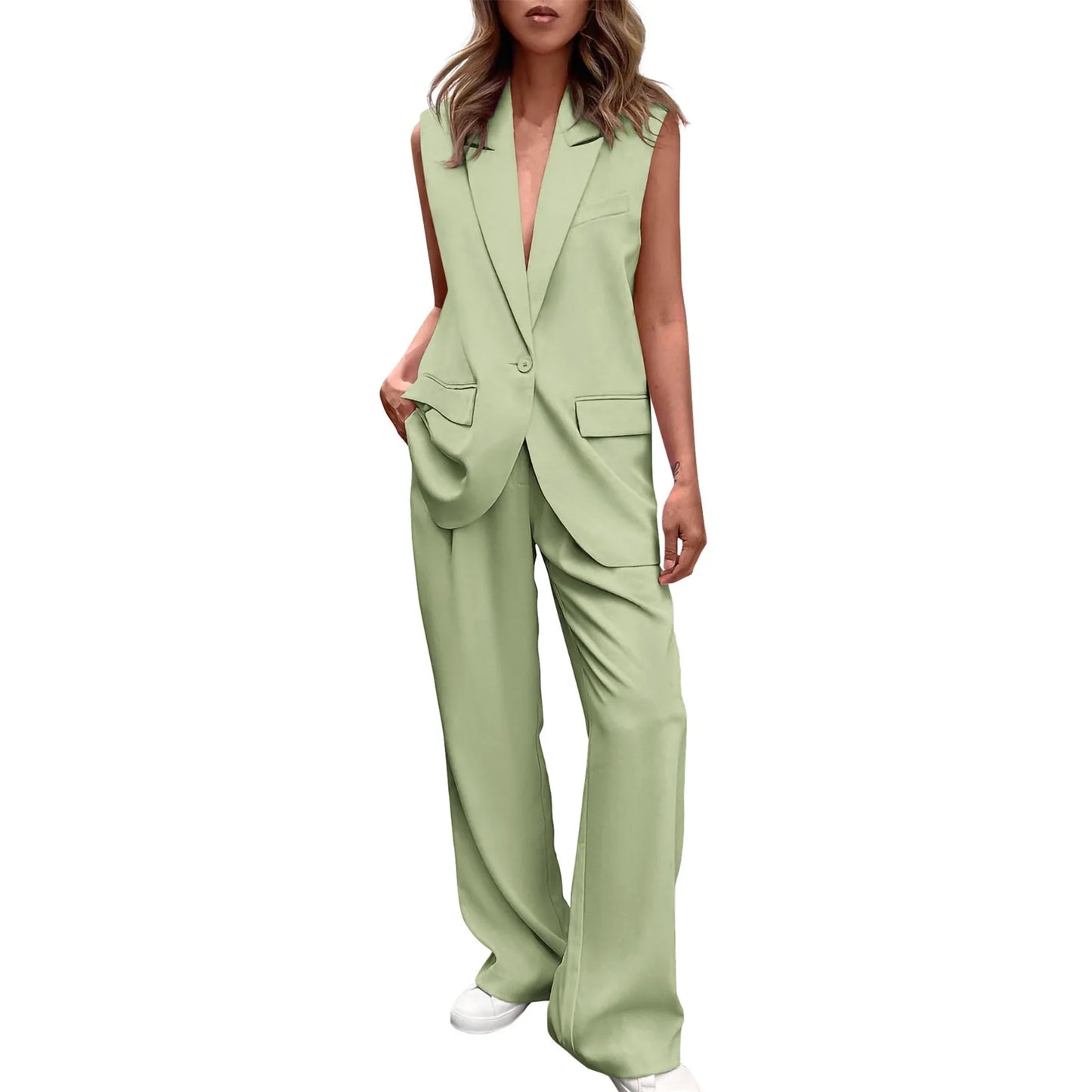 Elegant Women Suits 2pcs Set Vest Pants Sets Summer V-Neck Sleeveless Vest Tops + Wide Leg Pants Outfits for Female 2025 New