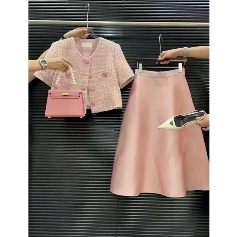 2025 Summer Pink French Suit Set Women's - Hong Kong Chic Sleeveless Blazer & Skirt Two Piece Set Luxury Light Elegant Outfit
