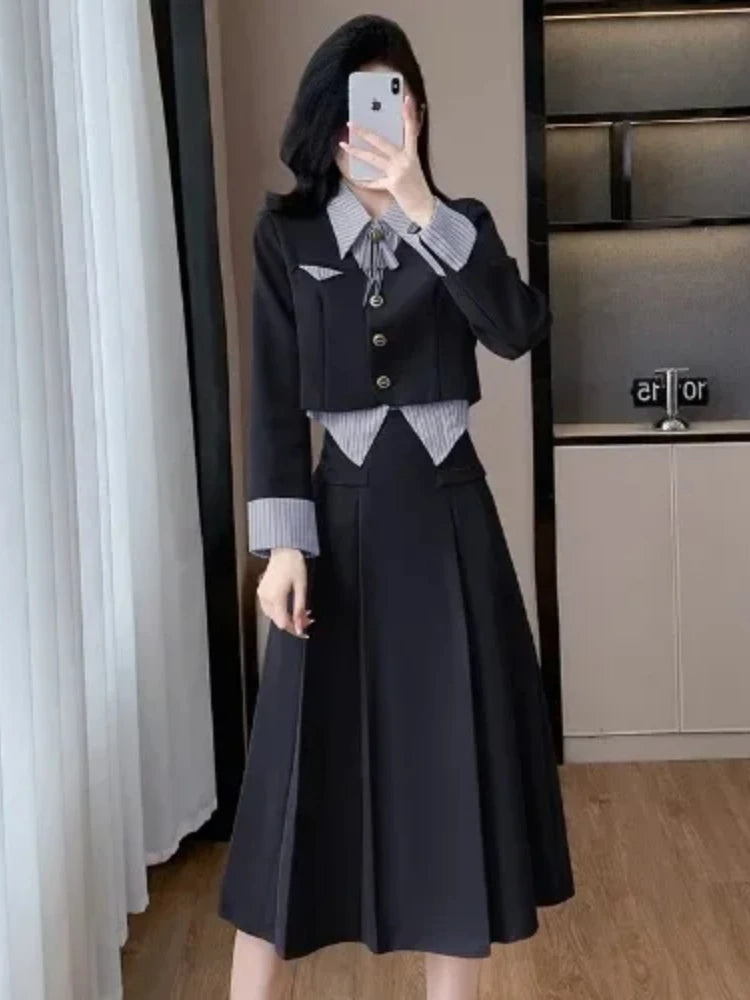 Insozkdg Autumn Winter New Blazer Skirt 2-Piece Set Women High-End Academy Style Korean Outfit Sets Female Office Lady Clothing