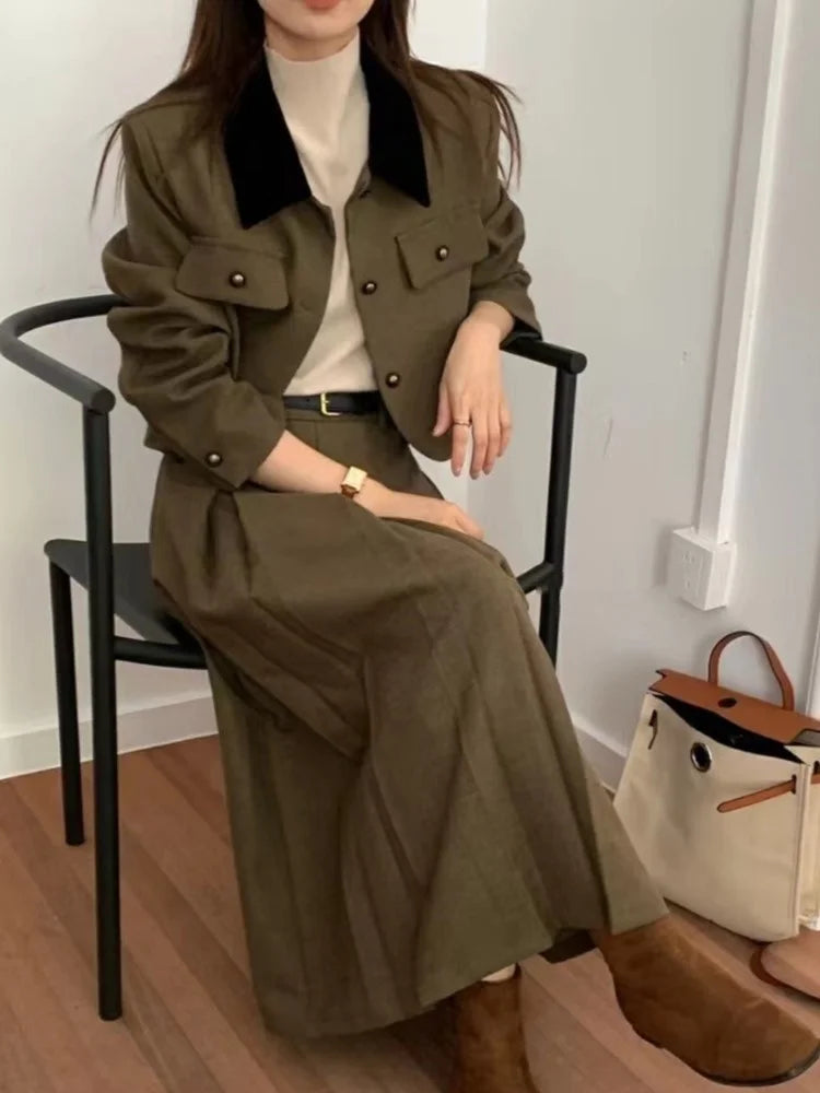 French Casual Formal Blazer Long Skirts Suit Women Vintage Business Suit Jackets Midi Saya Two Pieces Female Outfits Autumn New
