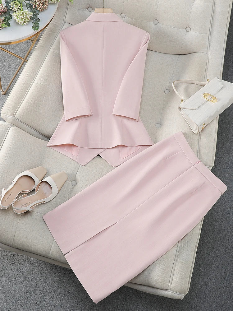 Fashion Women Formal Blazer Skirt Suit Ladies Blue Apricot Pink Female Two Piece Set For Spring Summer
