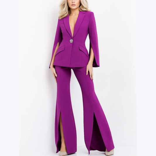 Solid Color Women's Suits Single Button Straight Elegant Outfits Peak Lapel Split Fashion Casual Female Suit Daily Office Set