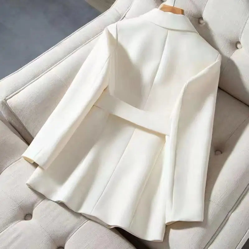 Women Chic Double Breasted Slim Blazers Femme Casual Solid Business Suits with Belt Vintage Office Lady Jackets Elegant Clothing