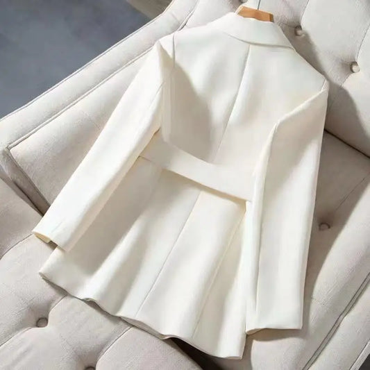 Women Chic Double Breasted Slim Blazers Femme Casual Solid Business Suits with Belt Vintage Office Lady Jackets Elegant Clothing