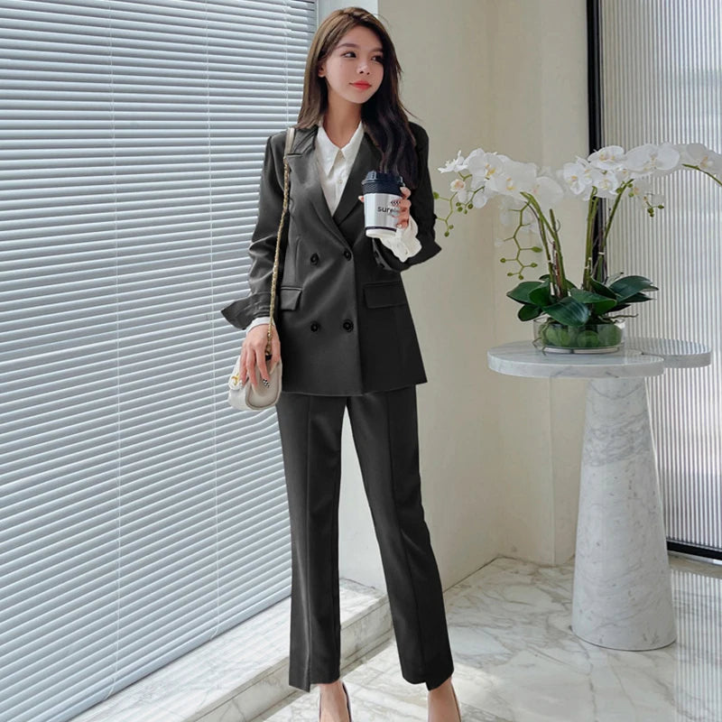 Fashion Spring Autumn Formal 2 Piece Outfit Suits Women Ladies Clothes Commute Casual Solid Tops Coat Blazer Suit Long Pants Set