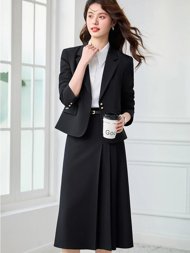 Fashion Women Formal Blazer Skirt Suit Ladies Black Green Black Female Two Piece Set For Spring Autumn Winter