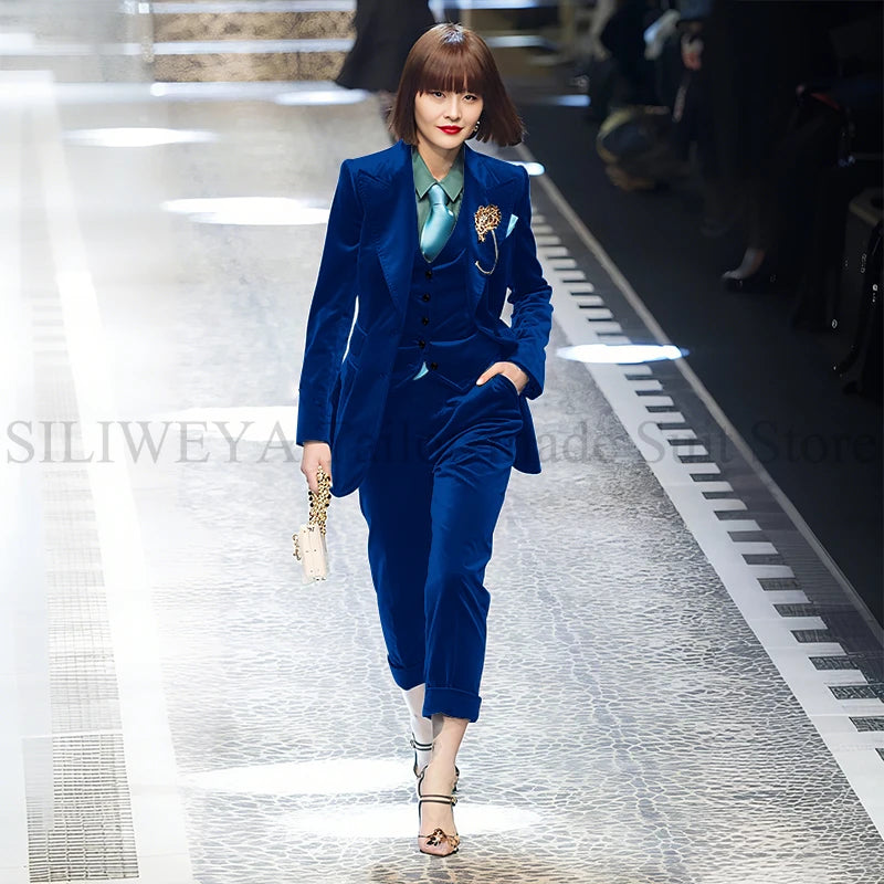 Luxury Green Velvet Winter Clothes for Women 3 Pieces Jacket Pants Vest Female Suits Formal Office Banquet Lady's Blazers Sets