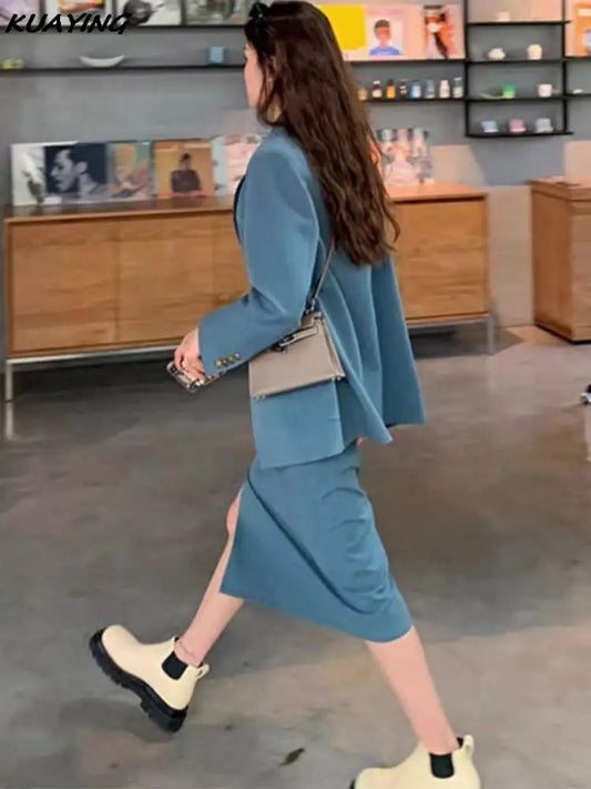 Korean Two Piece Women Sets Blazer Dress Suits Split Straps Bodycon Dresses Female Elegant Jacket Coat Autumn Female Outfits New