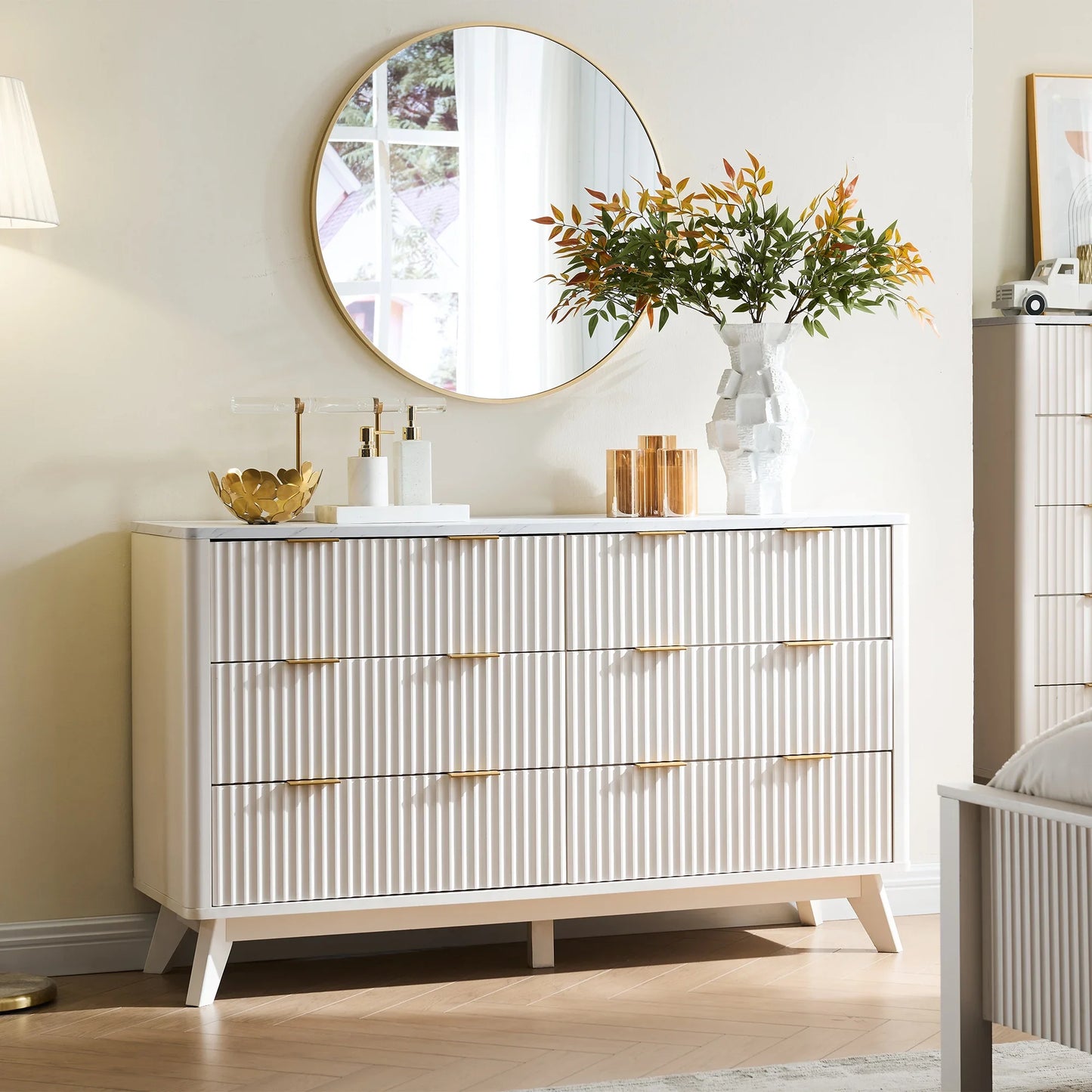 BJ Redlemon Fluted 6 Drawers Dresser, 54" Wide Modern Chest Of Drawers With Faux Marble Top