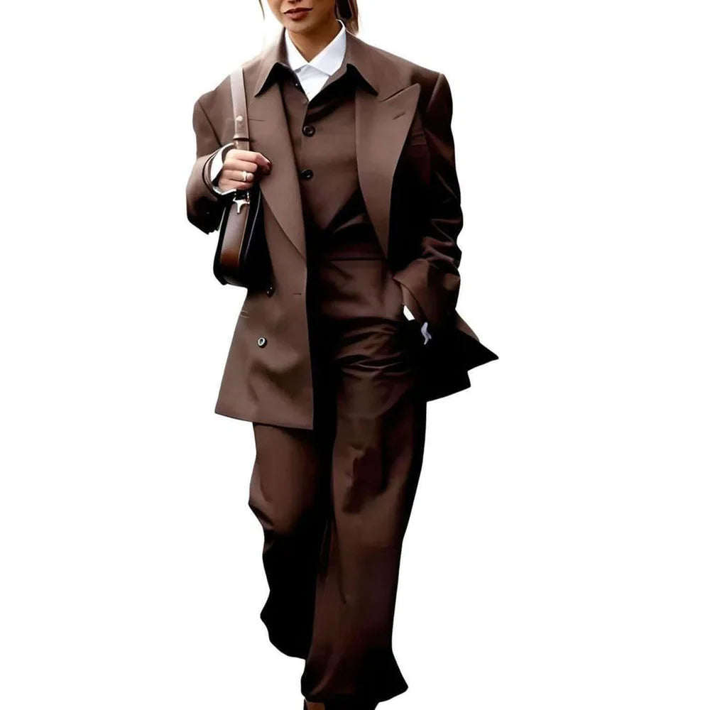 Classy Elegant Brown Suits for Women Notch Lapel 2 Pieces Jacket Pants Lady's Blazers Sets Smart Banquet Office Female Clothing