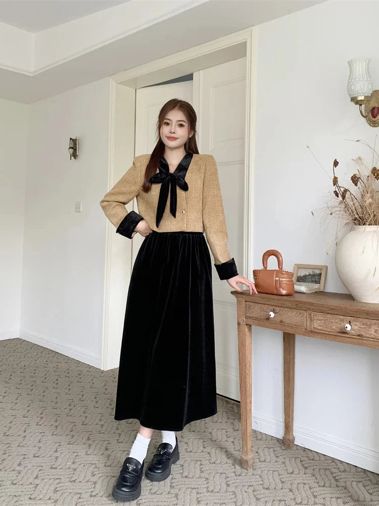 Insozkdg Winter New Elegant 2 Piece Sets Womens Vintage Black Blazer Skirts Suit Femme Outfits Autumn Korean Fashion Y2k Clothes