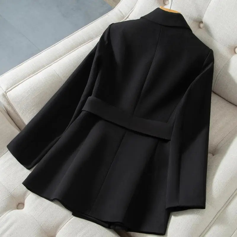 Women Chic Double Breasted Slim Blazers Femme Casual Solid Business Suits with Belt Vintage Office Lady Jackets Elegant Clothing