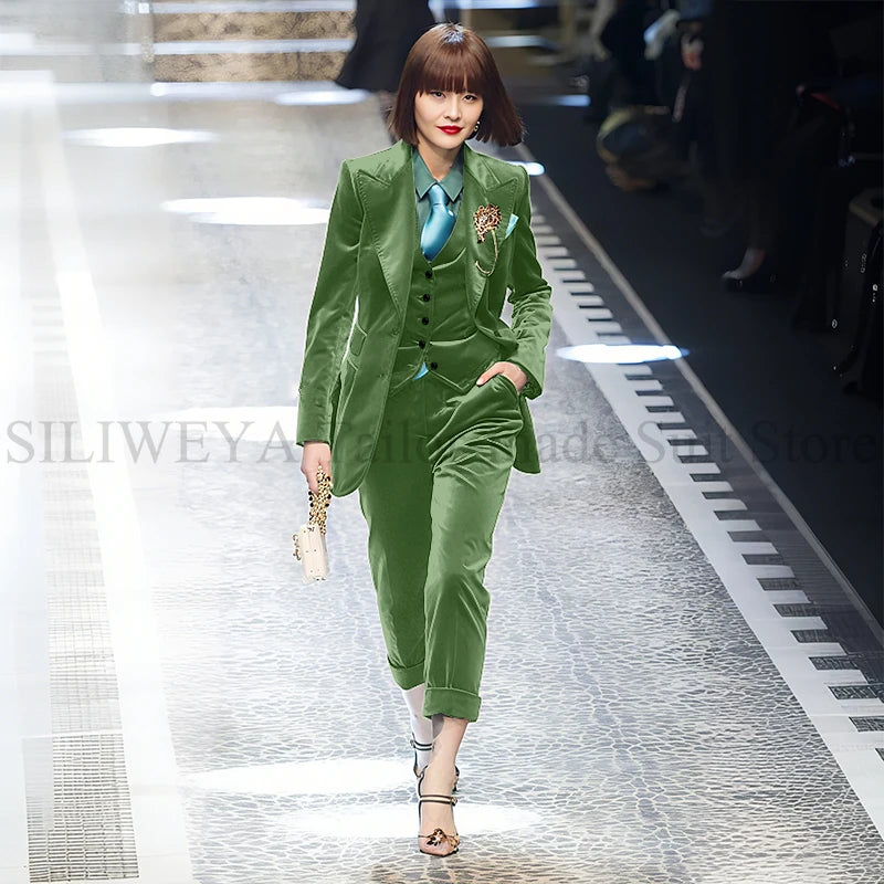 Luxury Green Velvet Winter Clothes for Women 3 Pieces Jacket Pants Vest Female Suits Formal Office Banquet Lady's Blazers Sets