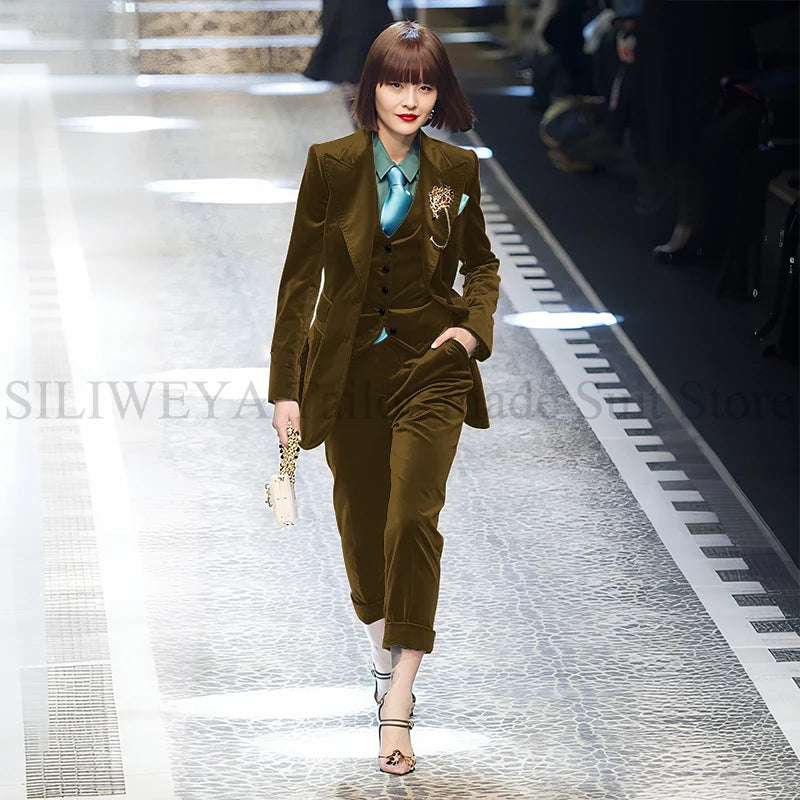 Luxury Green Velvet Winter Clothes for Women 3 Pieces Jacket Pants Vest Female Suits Formal Office Banquet Lady's Blazers Sets