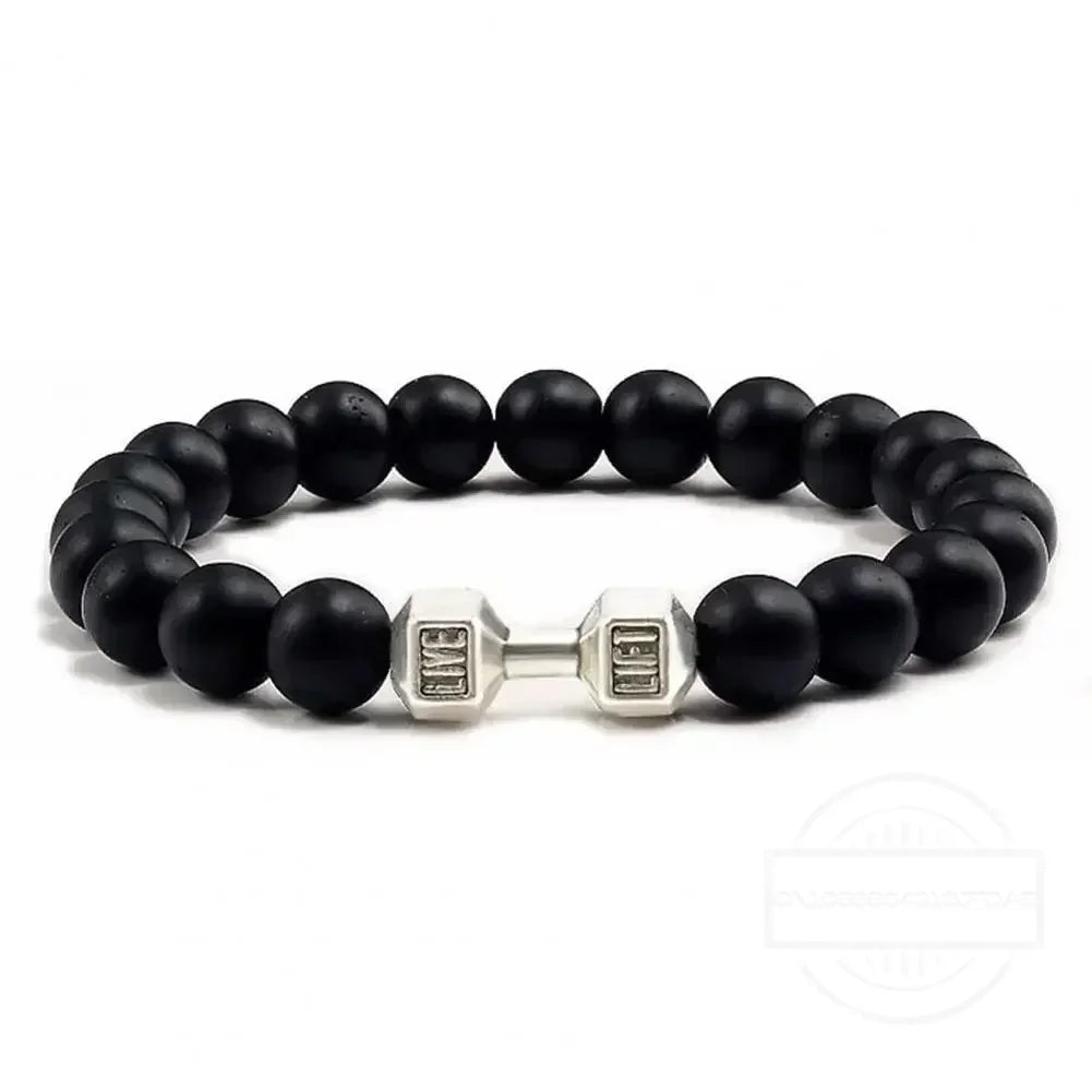 High Quality Men's Beaded Bracelet Natural Black Matte Agate Dumbbell Charm Bracelet Energy Fitness Barbell Fashion Jewelry