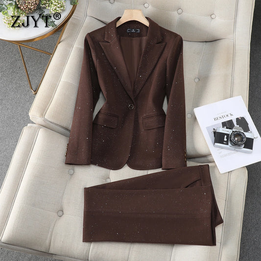 ZJYT Autumn Winter Women's Blazer and Pant Sets 2 Piece Outfit Office Lady Turn Down Collar Jacket Trousers Suit Plus Size 3XL