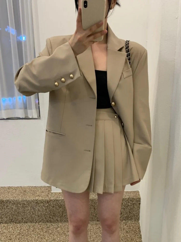 Fashion Women Vintage Chic Blazer Two Pieces Set Casual Loose Jackets Coat Mini Skirts Suit Female Elegant Korean Formal Outfit