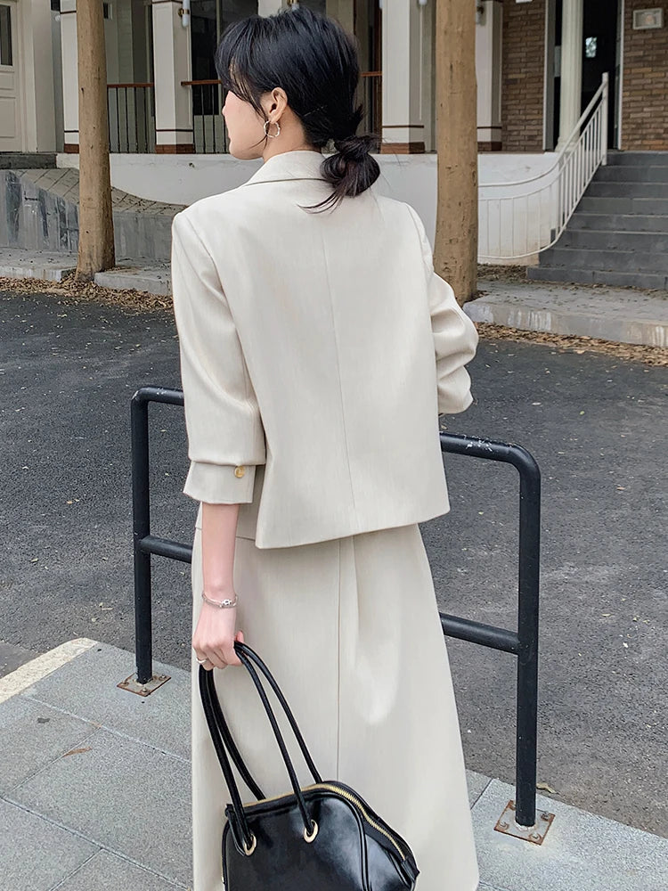 Women's Elegant Fashion Formal 2 Piece Outfit Professional Loose Tops Coat Blazer Pleated Skirt Suit Sets Casual Business Spring