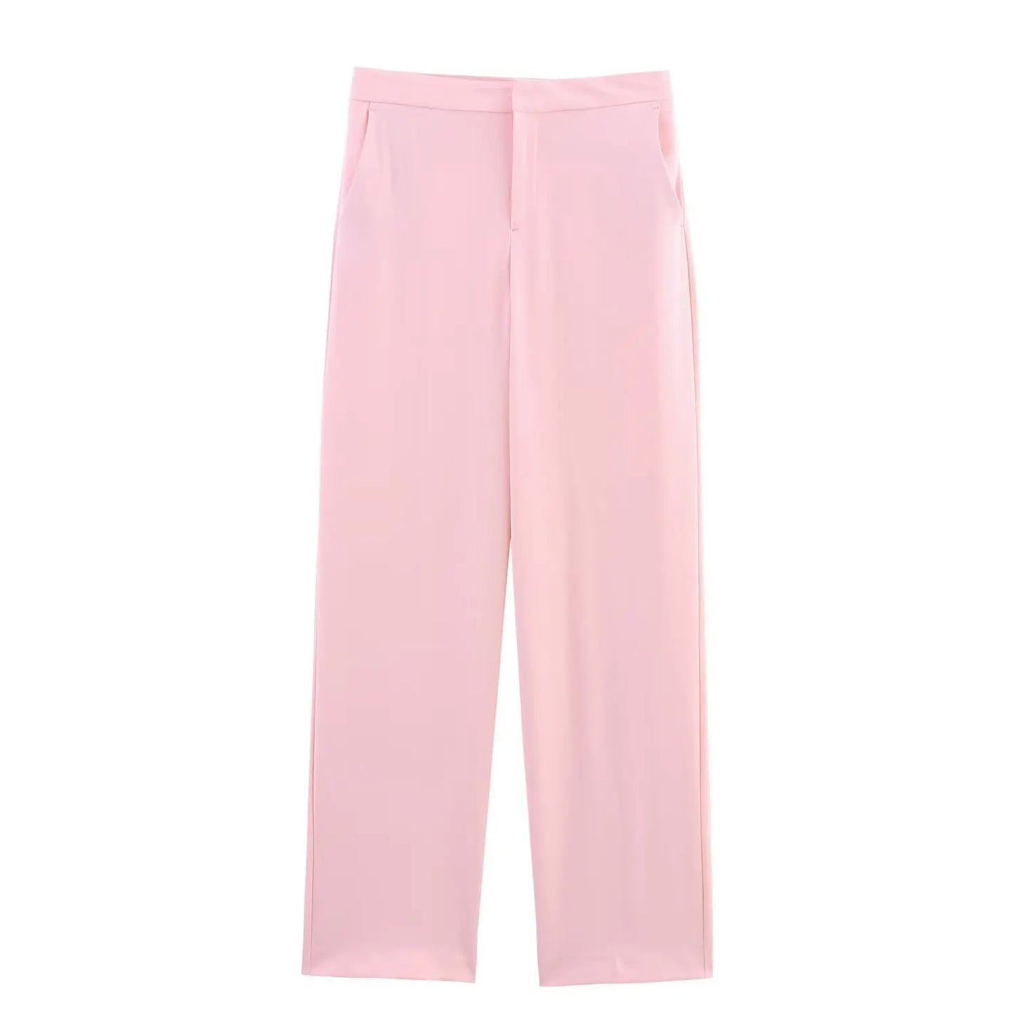 TRAFZA Women Fashion Pink Sets Turn-Down Collar Long Sleeves Single-Breasted Feather Blazer+High Waist Pocket Zipper Long Pants