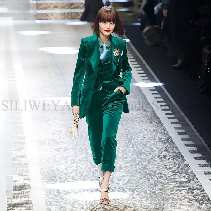 Luxury Green Velvet Winter Clothes for Women 3 Pieces Jacket Pants Vest Female Suits Formal Office Banquet Lady's Blazers Sets