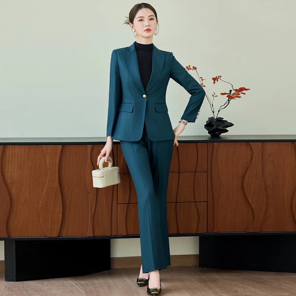 ZJYT Elegant Autumn Woman Blazer Suit Set One Button Striped Long Sleeve Jacket and Pants Two Piece Outfit Plus Size Trousers