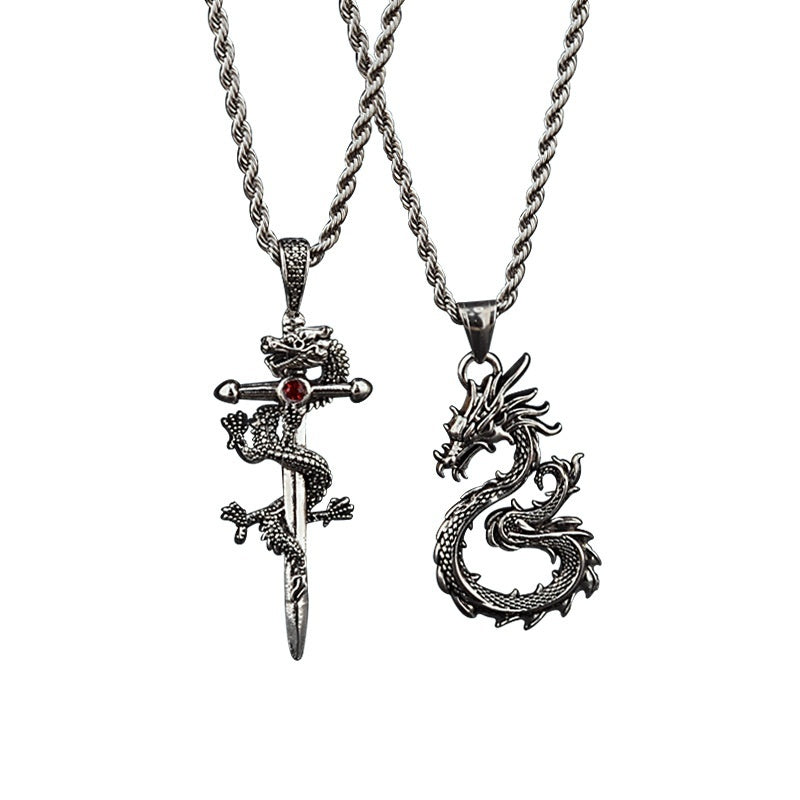 Fashion Jewelry Dragon Sword Pendant Necklace Paved Black Color