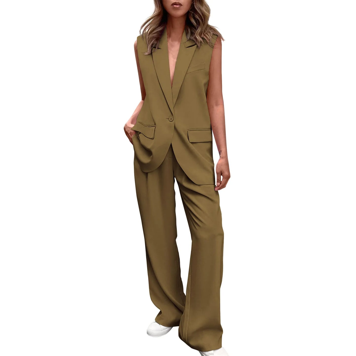 Elegant Women Suits 2pcs Set Vest Pants Sets Summer V-Neck Sleeveless Vest Tops + Wide Leg Pants Outfits for Female 2025 New