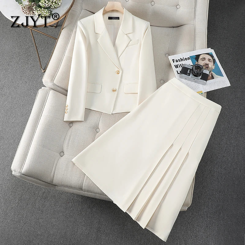 ZJYT Autumn Winter Women Blazer Suit Jacket and Skirt Two Pieces Matching Sets Office Lady Vintage Casual Suits Plus Size Outfit