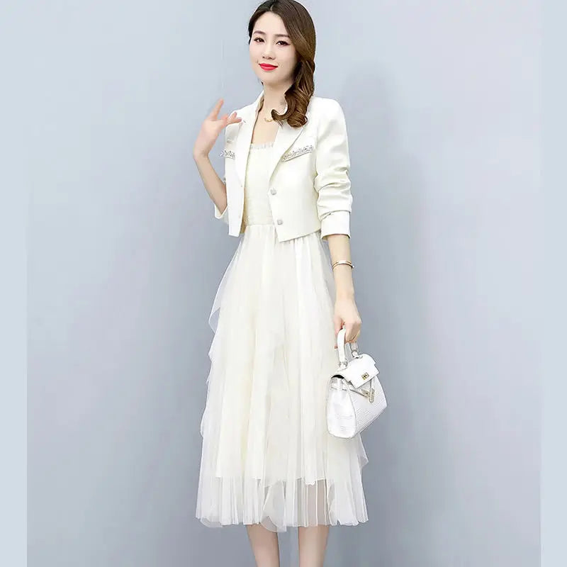 2025 Spring Autumn New Diamond-studded Short Suit Coat Dress Two-piece Women's Elegant Blazers Slim Suspender Mesh Skirt Set