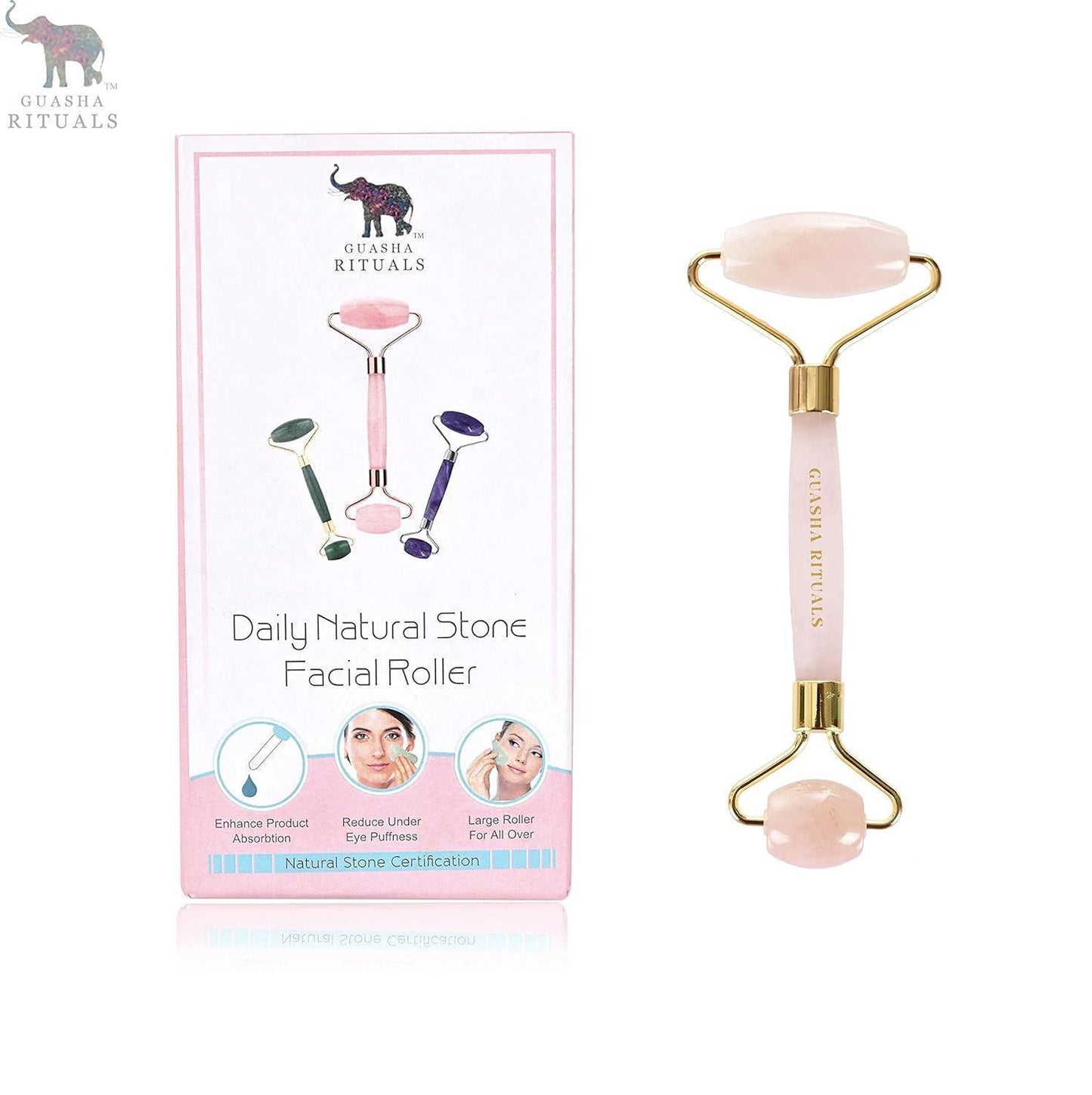 Natural Certified Rose Quartz Facial Roller and Gua Sha Set for Spa