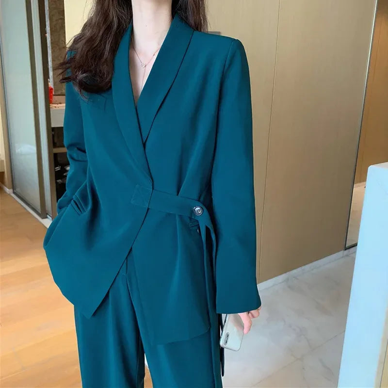 Insozkdg Vintage Two Piece Sets Lapel Loose Lace-up Blazers Tops + Wide Leg Pants Set 2024 Autumn Female Outfits Suit Set Women
