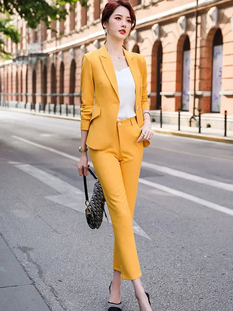 Korean Formal Skinny Long Sleeve Cardigan Tops Blazer Conjuntos Ol High Waist Straight Pants Outfit Women Office 2 Pieces Sets